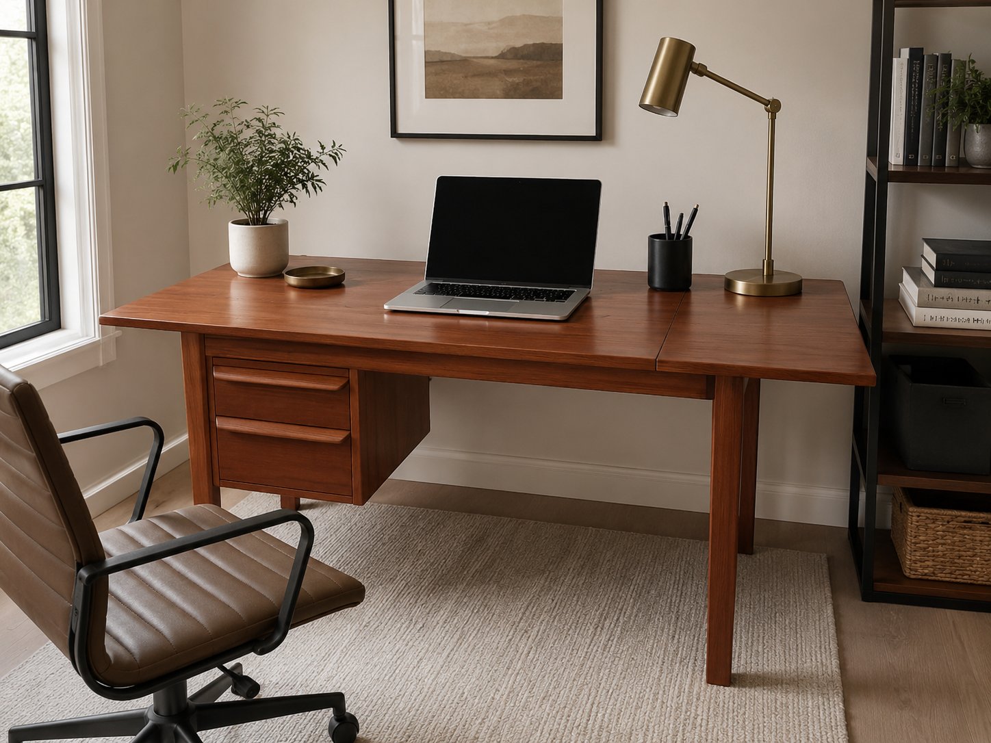Styled home office featuring a wood desk