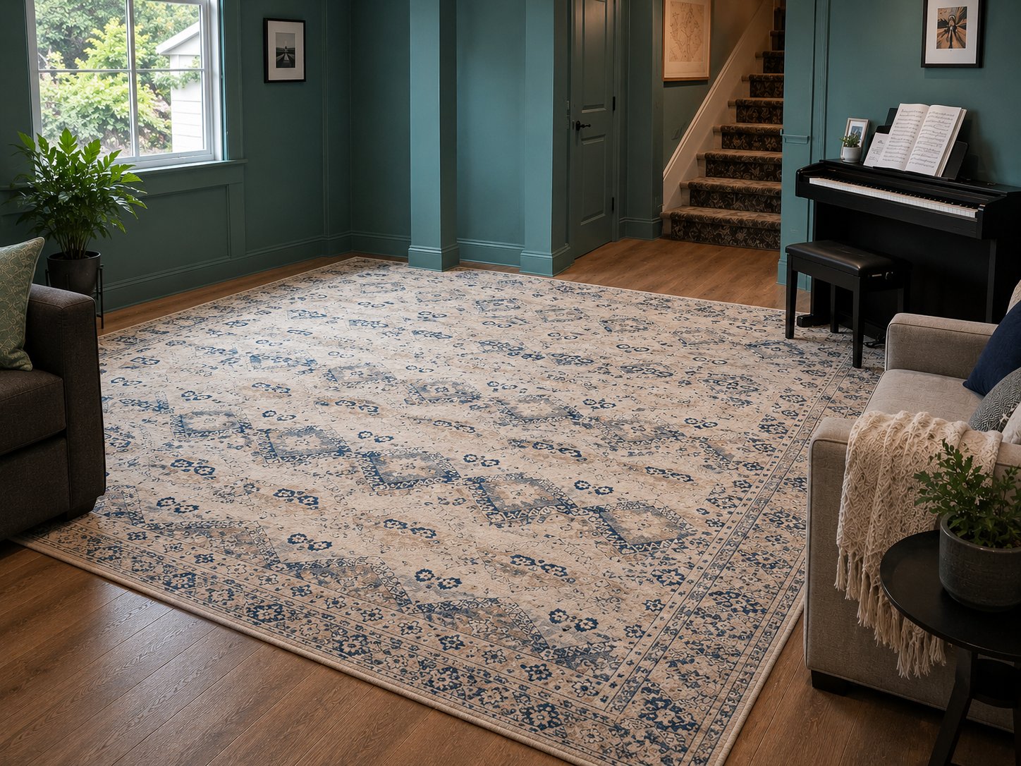Large patterned rug styled in a room